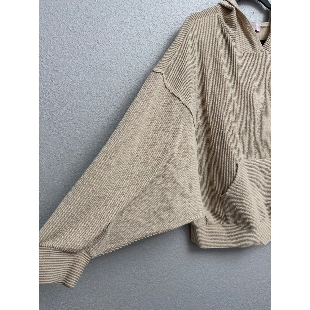 Pink Lily Tan Beige Waffle Knit Batwing Sleeve Hoodie Sweatshirt Large - Picture 4 of 7